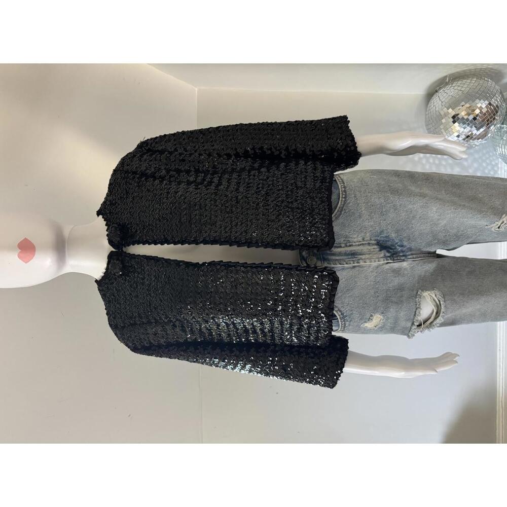 Vintage 1950s 60s Black Boxy Sequins Blazer Jackie O, Ruffle Trim, Size SM